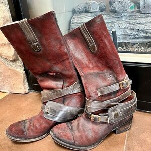Freebird Size 10 distressed, burgundy leather boots